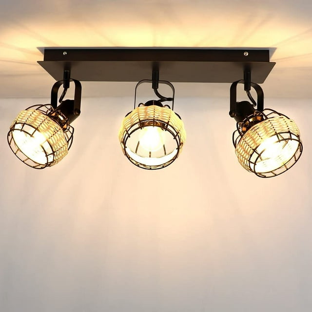 DingLiLighting Track Ceiling Spotlight, 3-Light Vintage Rotatable Flush Mount Ceiling Light, LED Track Lighting Kit Rattan Caged Wall Light Fixture for Bedroom Cloakroom Hallway Entryway Balcony Porch