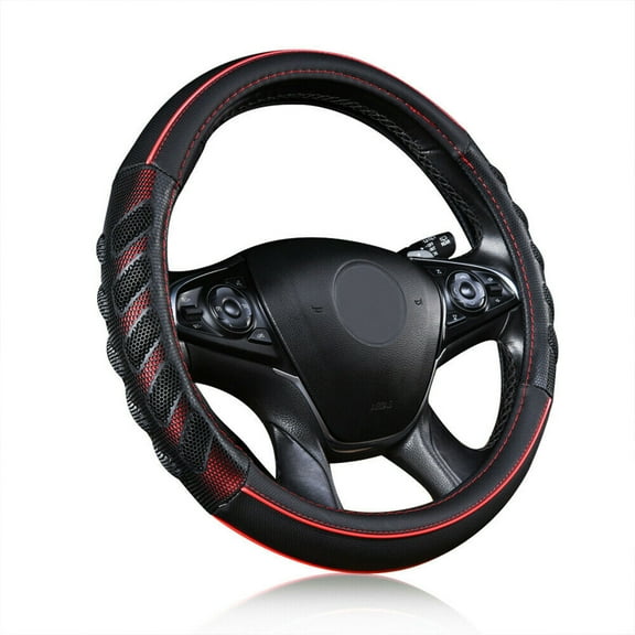 Flying Banner Car Steering Wheel Cover Faux Leather Massage Universal Fit 3D Honeycomb Hole Anti-Slip Sporty 15 inches (Red & Black)