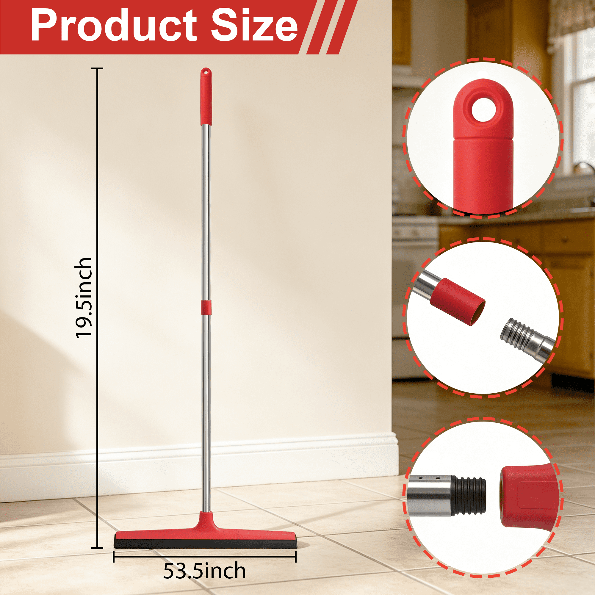GARITIN Floor Squeegee with Long Stainless Steel Handle, Heavy‑Duty Rubber Squeegee for Shower, Bathroom, Tile, Glass Window, Water Removal Wiper for Home Garage Cleaning