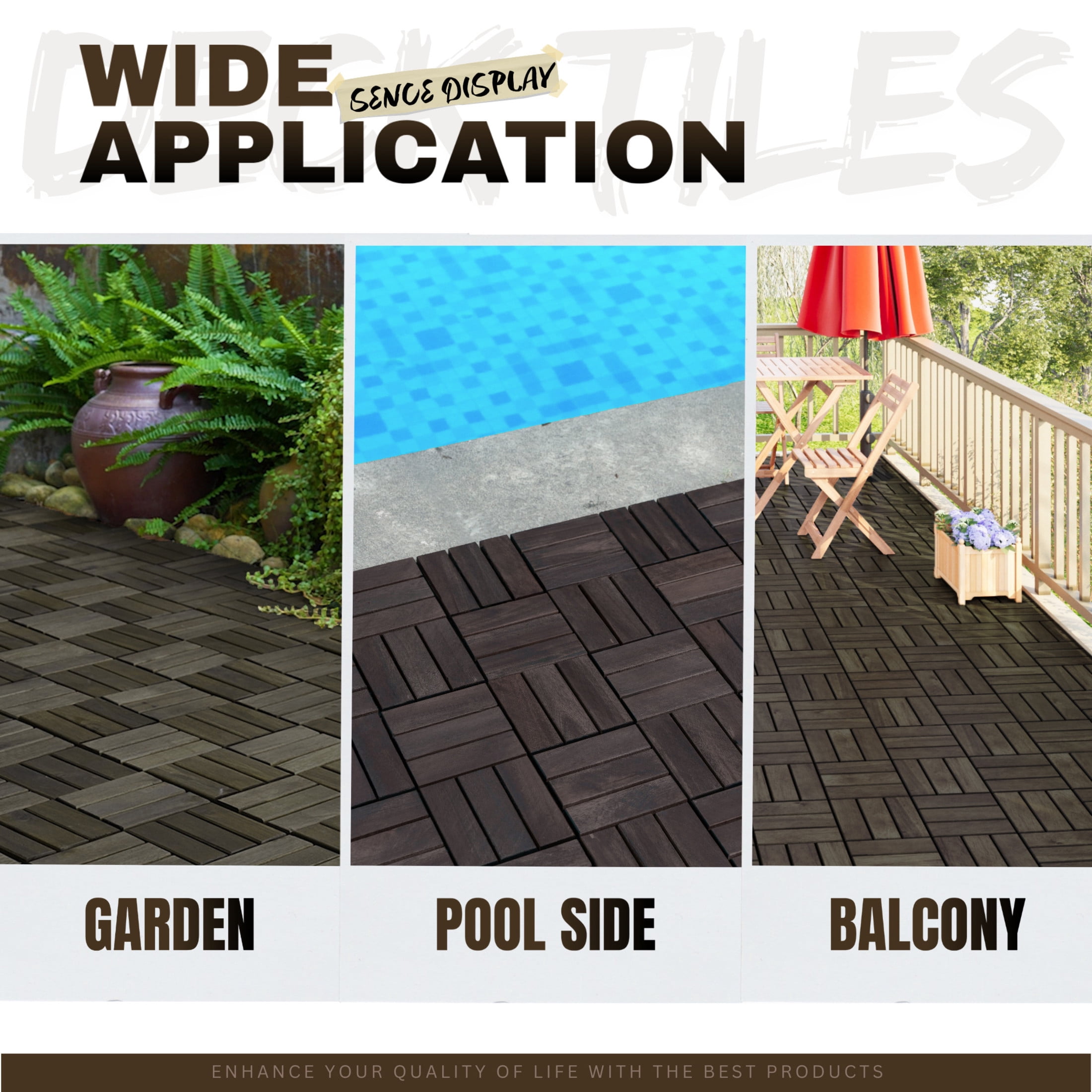 Noble House 12" Checker Acacia Wood Interlocking Deck Tiles, All-Weather Hardwood Patio Flooring, Dark Brown, 10 PCS