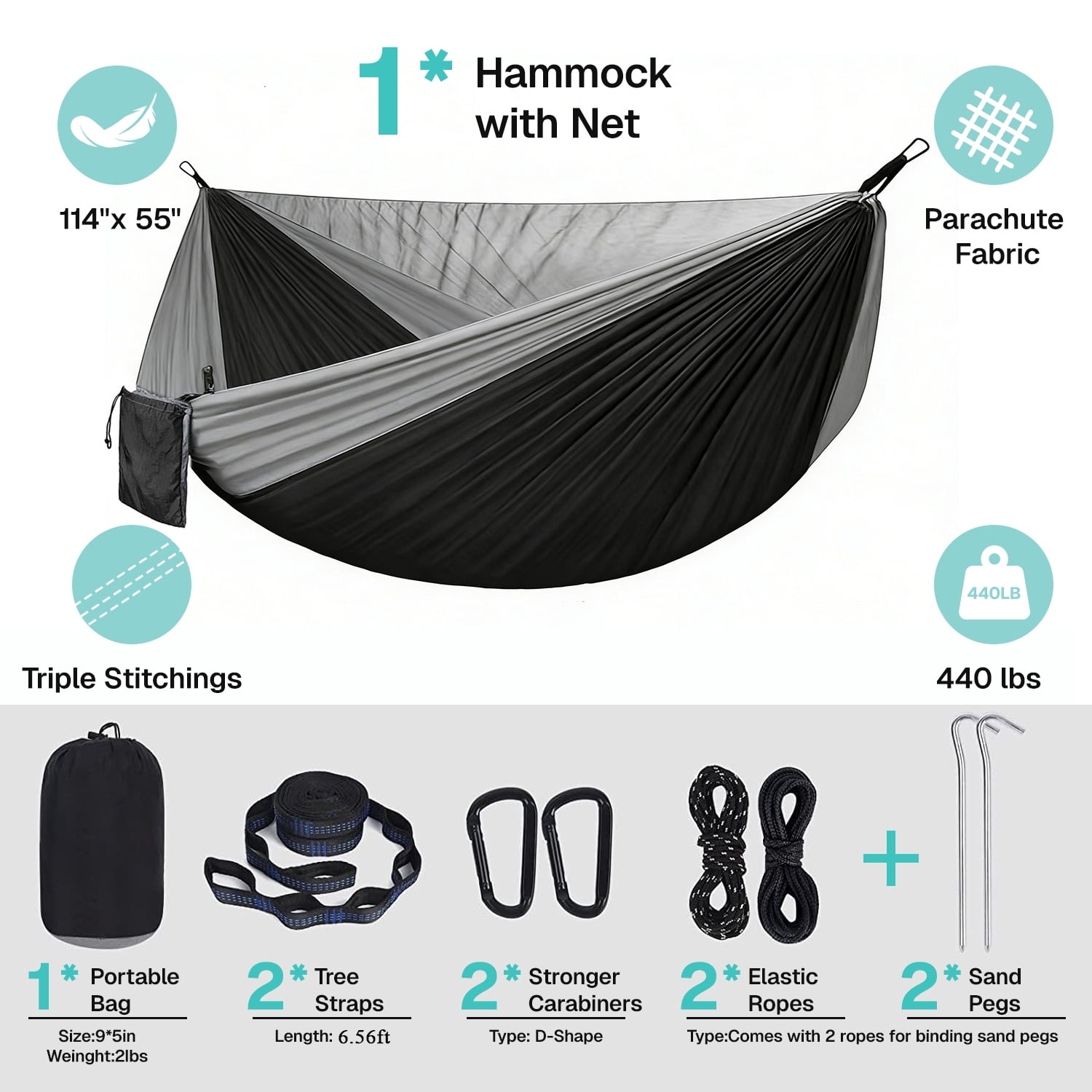 BN-LINK Camping Hammock, Portable Lightweight Hammocks with Mosquito Net, Outdoor Hammocks for Backpacking,Beach,Backyard,Patio,Hiking,440 lb Capacity,Gray Black