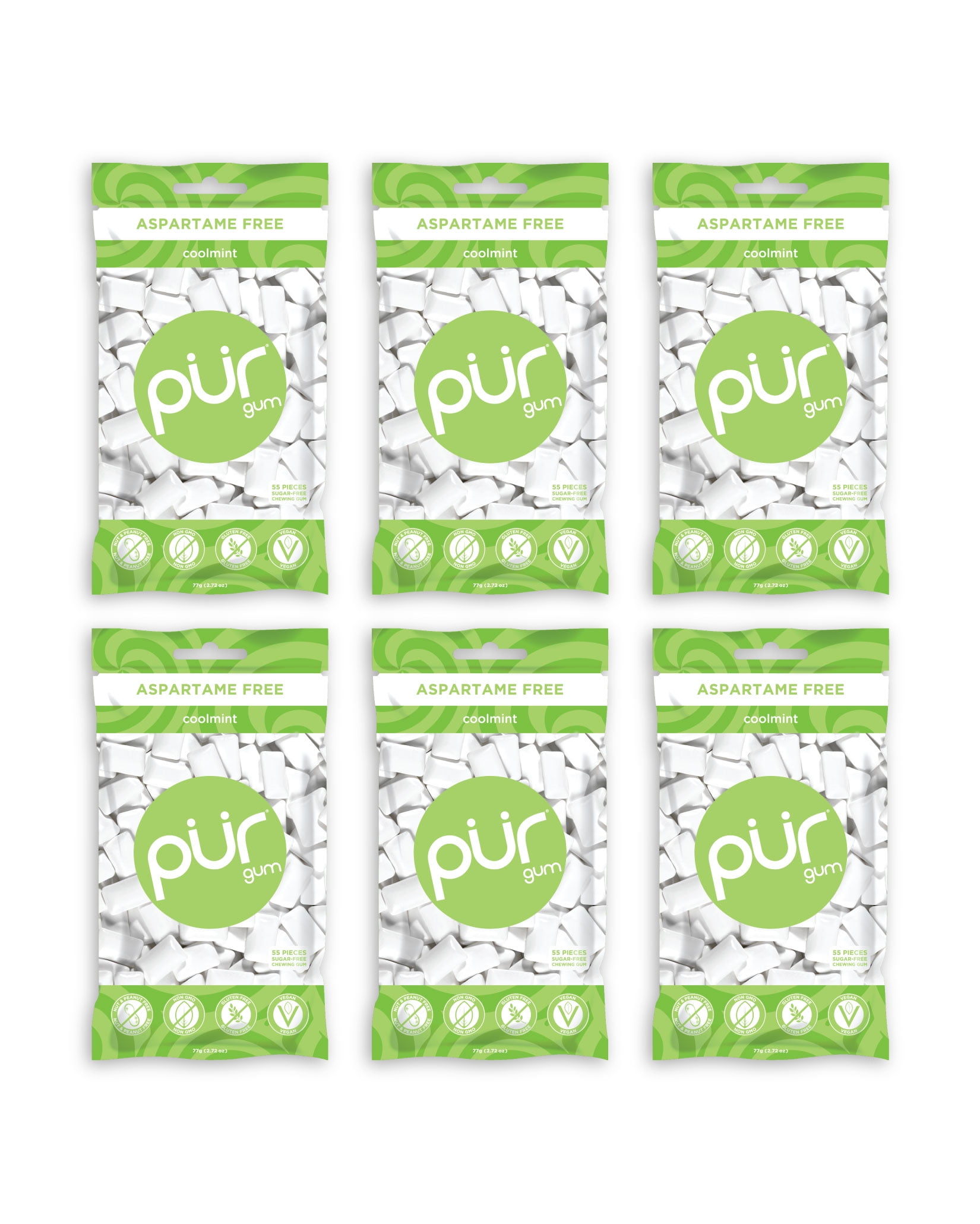 PUR Gum Sugar Free Chewing Gum with Xylitol - Natural Coolmint Flavor - 55 Pieces (Pack of 6)