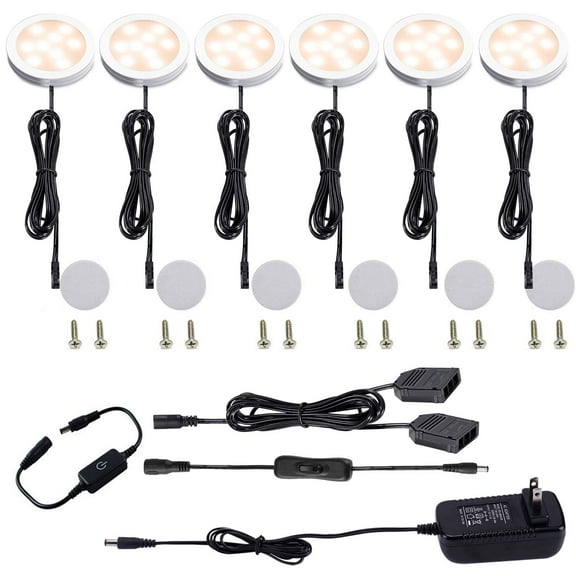 Dimmable Under Cabinet LED Puck Lights Kit with Touch Switch - 6 Warm White Lights for Kitchen, Cupboard, and Closet Lighting
