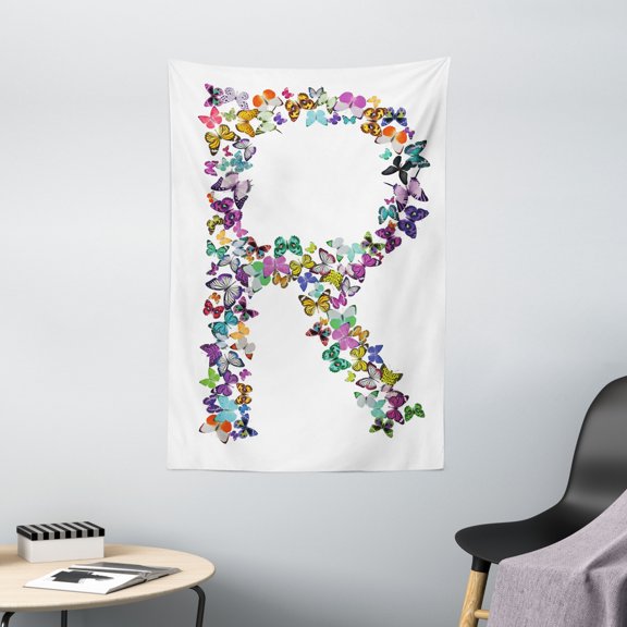 Letter R Tapestry, A Collection of Butterflies in the Shape of Uppercase Letter Nature Inspired Font, Wall Hanging for Bedroom Living Room Dorm Decor, 40W X 60L Inches, Multicolor, by Ambesonne