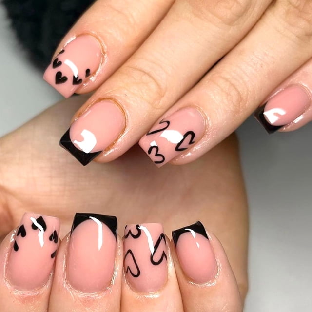 Uñas postizas KZBTRBT de 24 piezas, cortas, cuadradas, negras estilo francés