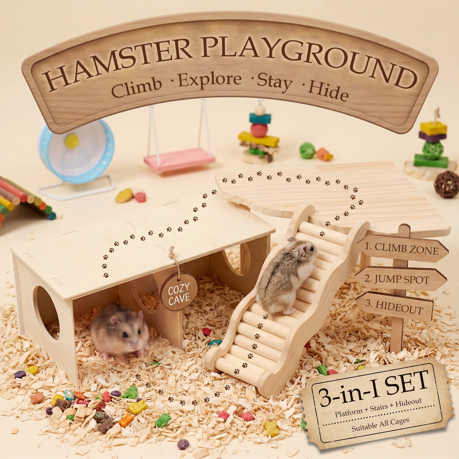 Wooden Hamster Platform Hideout with Ladder Hamster Play Platform Toy Small Pet Playhouse Climbing Toy for Chinchillas Guinea Pigs Golden Squirrels Hedgehogs