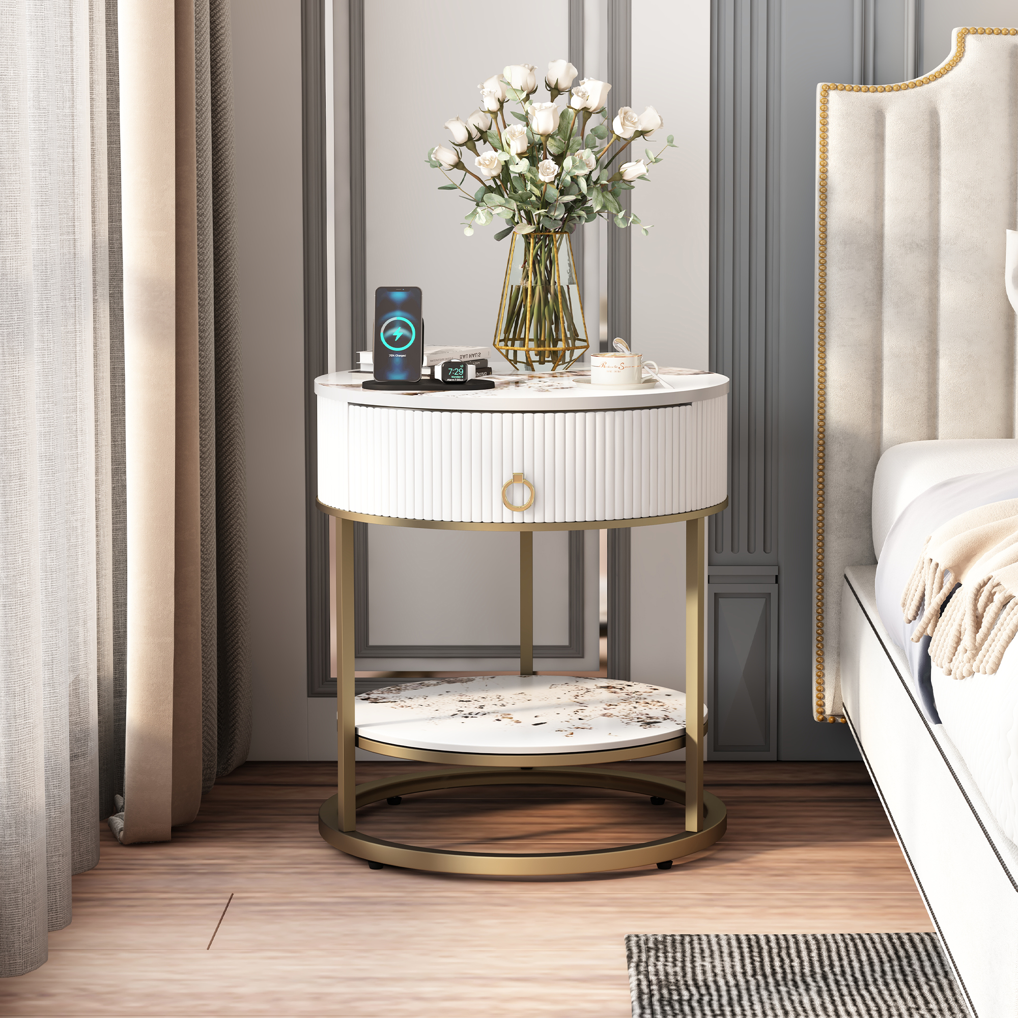 O&K FURNITURE Modern Sintered Stone End Table with Drawer & Open