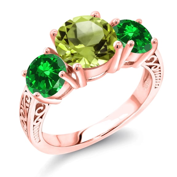 Gem Stone King 18K Rose Gold Plated Silver Green Peridot and Green Created Emerald Engagement Ring for Women | 4.07 Cttw | Round 8MM | Gemstone August Birthstone | Size 6