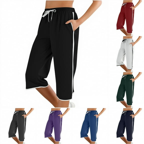 Women'S Pants Summer Striped Solid Loose Fit Capris Joggers Slimming Mid Waist Sport Trouser Black Lounge Pajama Pant L