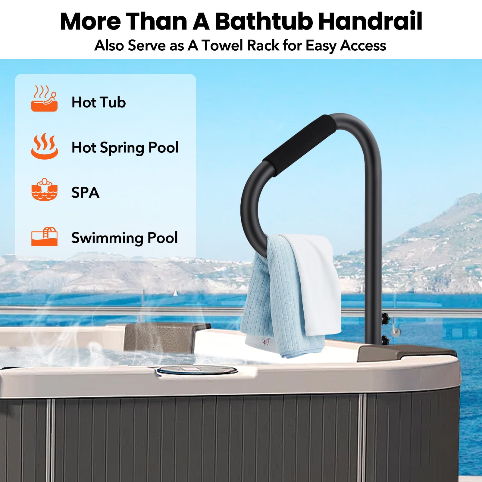M optimized 600 LBS Hot Tub Handrail, 360° Rotatable Spa Side Handrail with 18"～48" Adjustable Height, Hot Tub Hand Rail with Slide-Under Base and Non-Slip Grip for Indoor & Outdoor