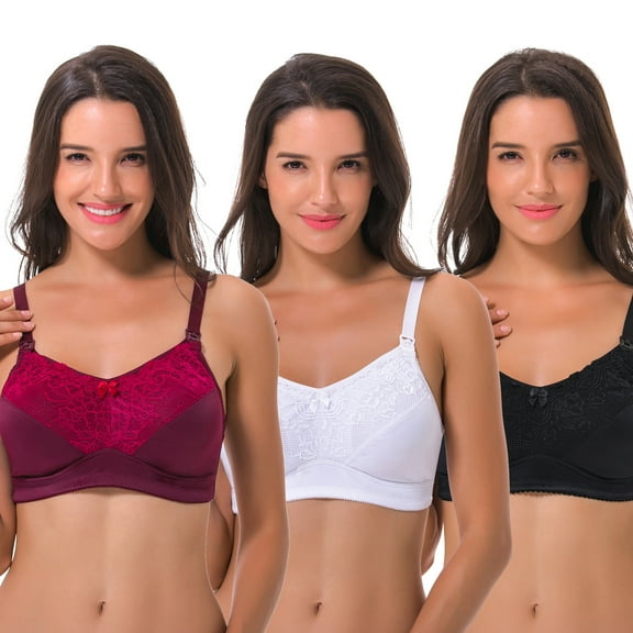 Women's Plus Size Wirefree Nursing Matermity Lace Full Figure Bra-3Pack-34C-Black,Wine,White