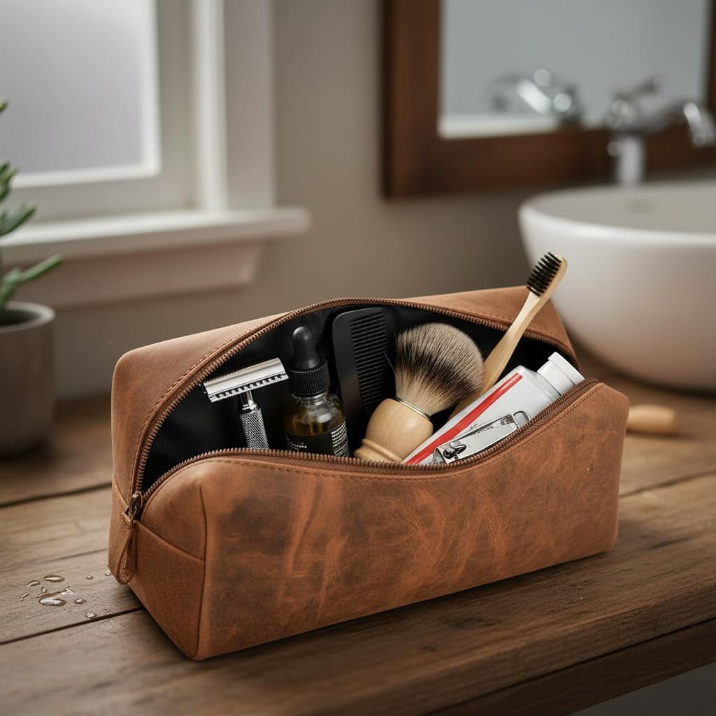 RusticVintage Leather Toiletry Bag, Cosmetic Case, Classy Dopp Kit - Best Gift - Premium Genuine Leather Dopp Kit Shaving Kit Organizer Travel Kit Pouch Bag f - Large Size (Saddle)