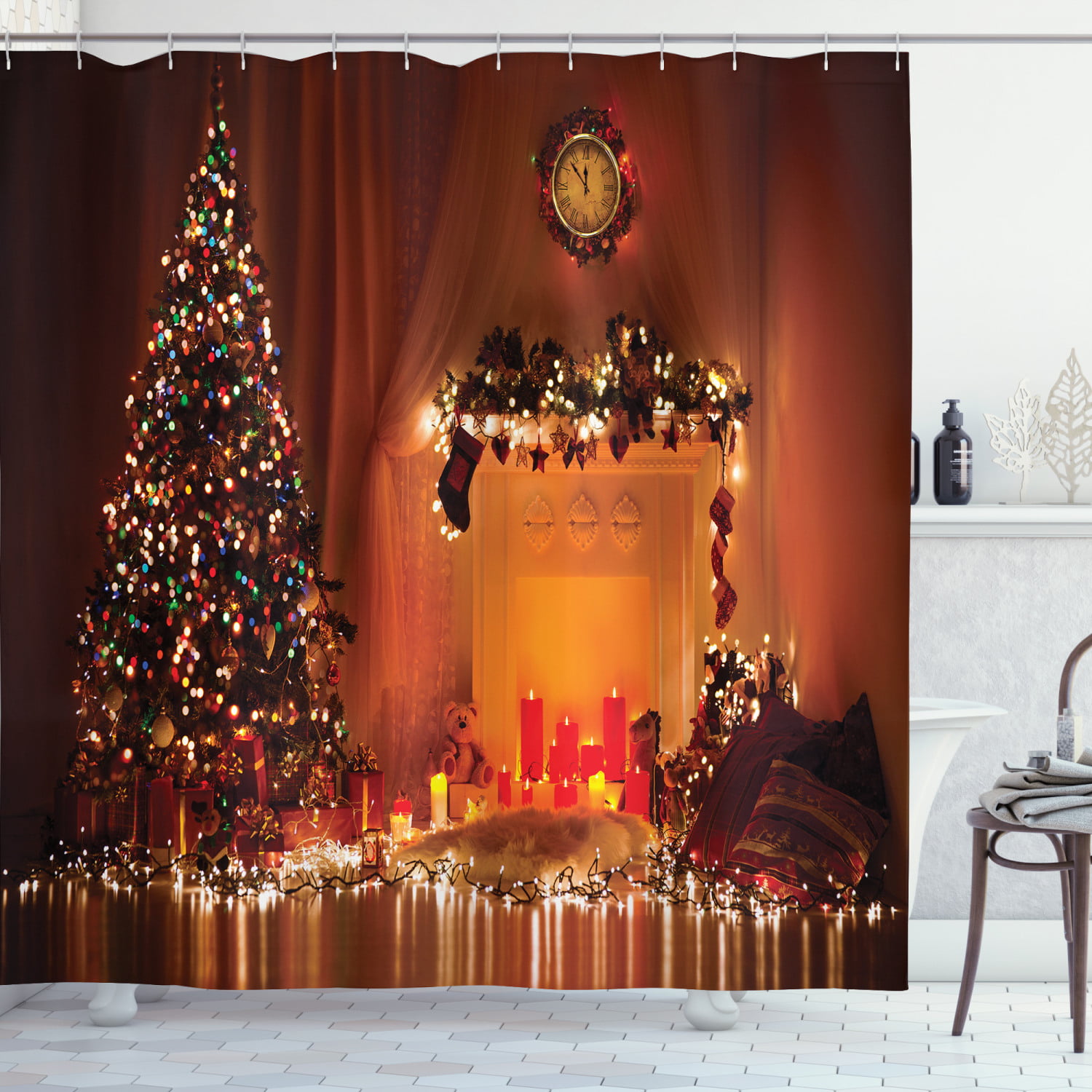 Fairy Horse Gold Sleigh Christmas Shower Curtain Set Waterproof Bathroom Set 72" 