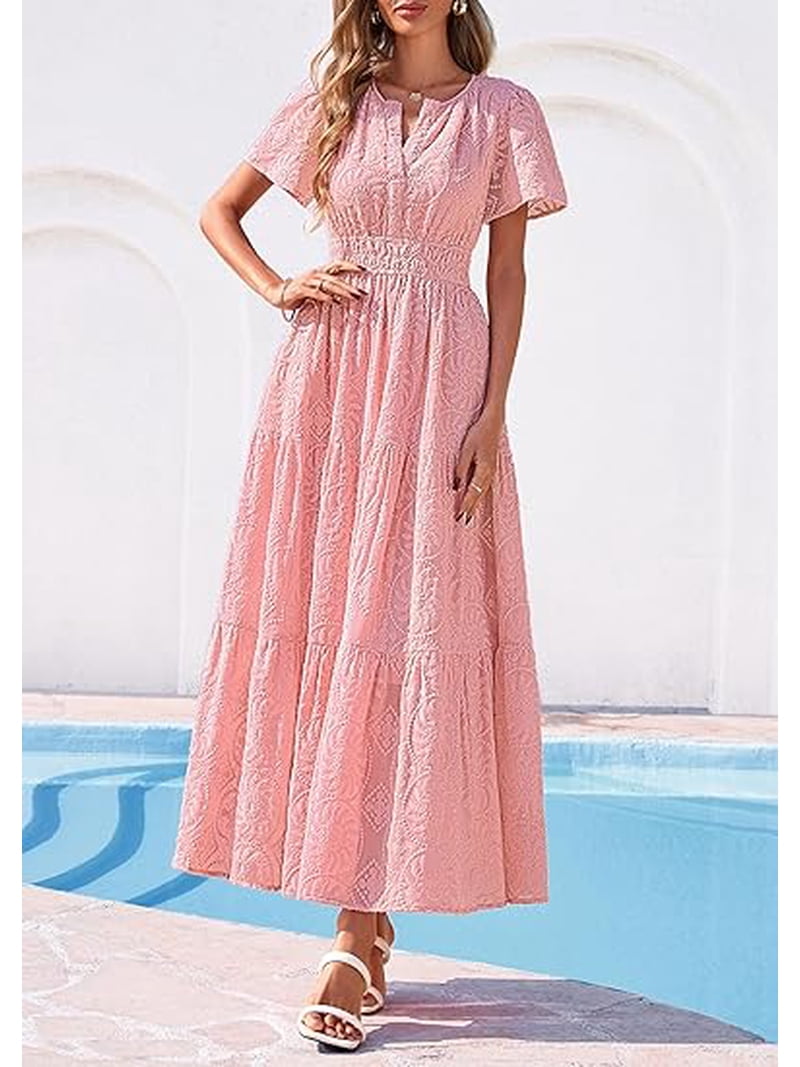 summer women s embroidered beach dress Prettygarden Womens Boho Maxi Dress Floral Summer Spring Short Sleeve V Neck A Line Embroidered Beach Vacation Dresses, Women's, Size: XL, Pink