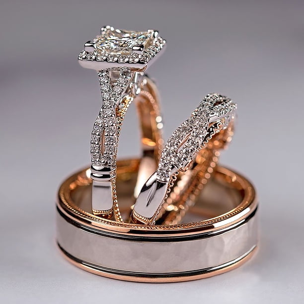 Huitan-Conjunto de anillos de boda para novia, corte princesa de lujo, circonita cúbica, accesorios elegantes, joyería brillante para boda y hombre