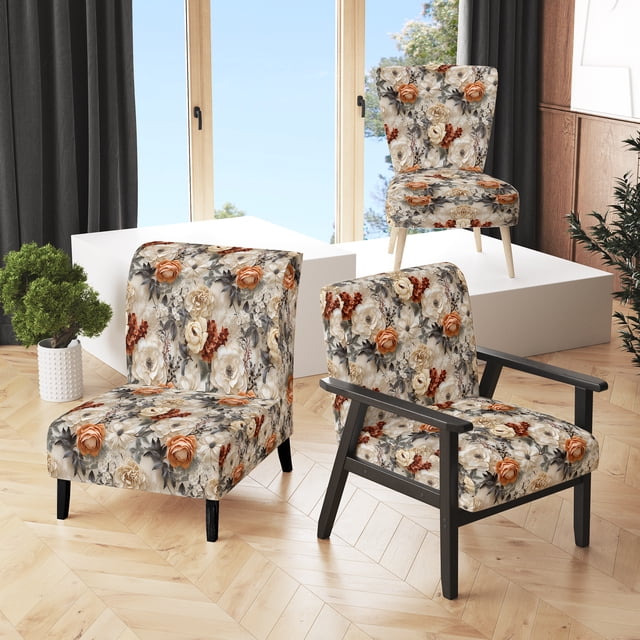 Designart "Rustic Romance In Lace V" Brown Floral Upholstered Accent Chair - Cottage Arm Chair For Living Room