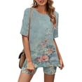 thumbnail image 1 of Ensembles Courts Femmes 2 Pcs Tenues Vacances Mode Femmes Blouse Col Rond Manches Courtes Hauts Shorts Costume Décontracté Ensembles Femmes Deux Pièces Tenues en Liquidation, 1 of 5