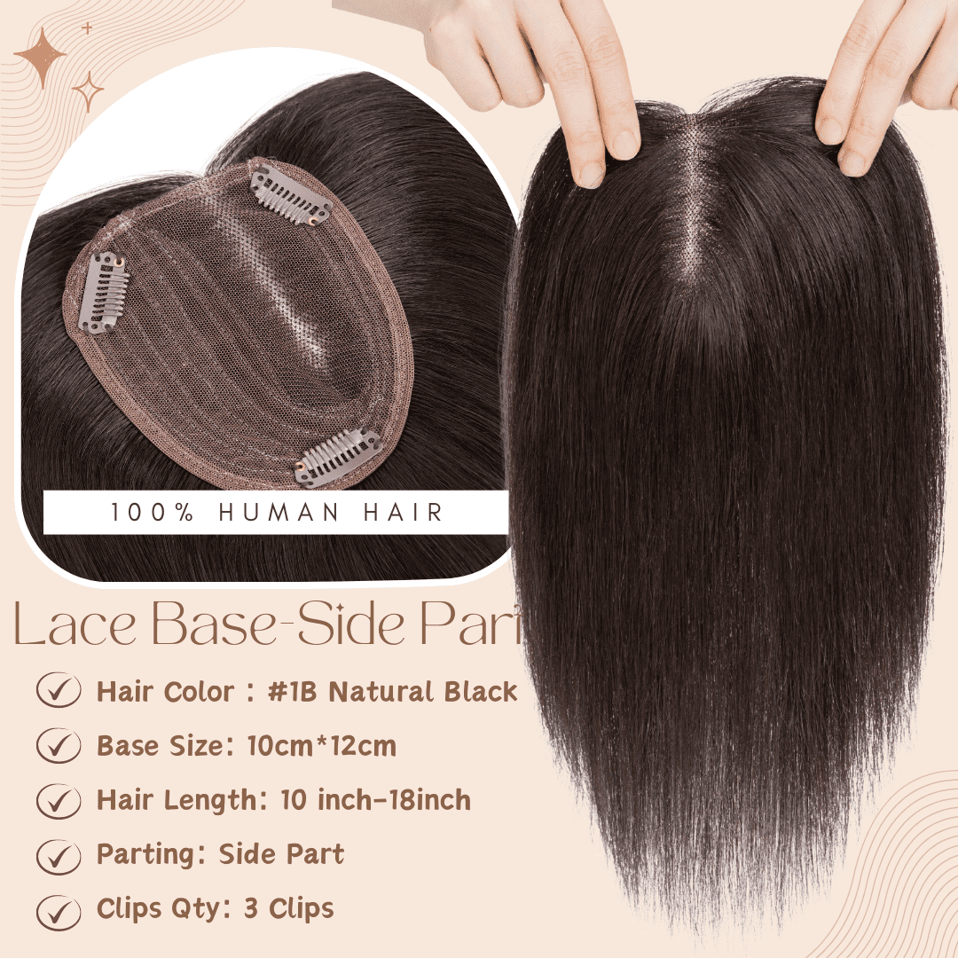 Benehair 10*12cm Side Part Clip In Hairpiece 100% Remy Real Human Hair Topper Hair Piece Wigs Handtied Lace Base For Woman Thin Hair Loss Top Piece Black 12 inch