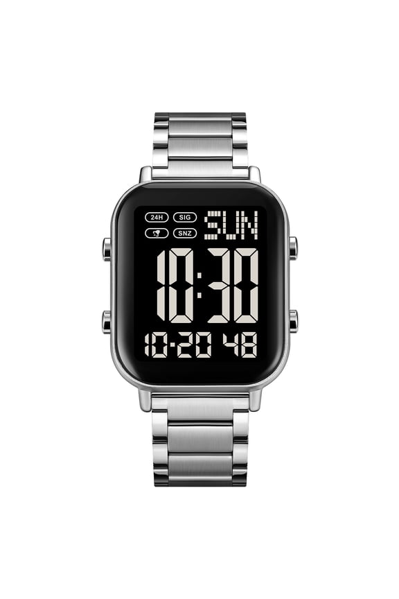 Digital Watch for Men Women, 30M Waterproof Wristwatches with Backlight Chronograph Alarm, 9.05 inches / 23 cm Stainless Steel Band, Silver and Black
