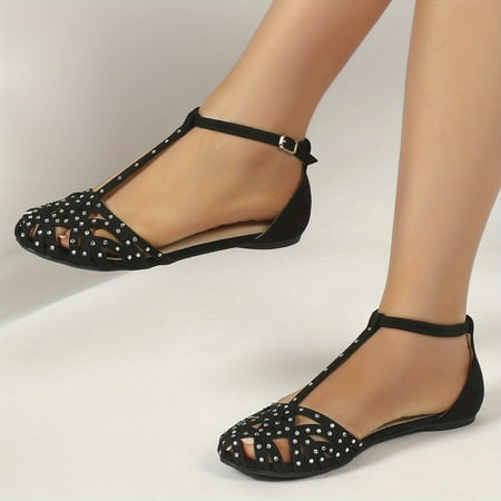 

Women s Rhinestone Decor Flat Sandals Closed Toe Out T-strap D Orsay Shoes Ankle Strap Sandals