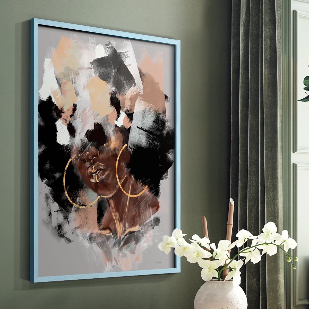 Afro Pop Framed Print in Blue Solid Wood Framed Print No Nail Hanging