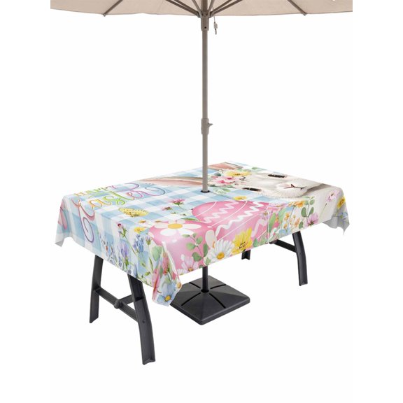 Blue Easter Outdoor Tablecloth - 54x80 Inch Rectangle Dining Table Cover, Spring Easter Bunny Eggs Floral Buffalo Plaid Waterproof Outdoor Table Cloth with Umbrella Hole & Zipper for Picnic/Patio