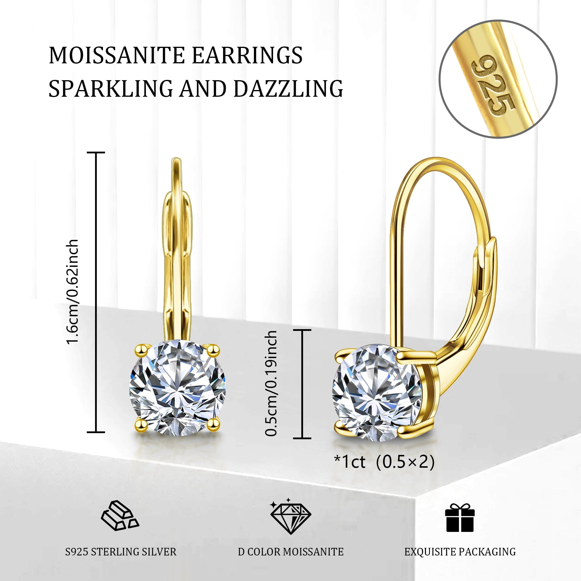 Moissanite Stud Diamond Earrings for Women Men,0.5ct-1ct D Color 14K Gold Plated Stud Moissanite Earrings Birthday Day Gifts for Women