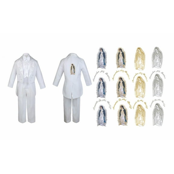 New Born Boy Christening Baptism White Tail Tux Virgin Mary Embroidery Back Sm-7