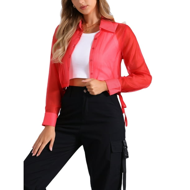 CAMISA DE MANGA LARGA TRANSPARENTE CON CUELLO PUNTA Y BOTONES PARA MUJER INSPIRAR CHIC L ROJO