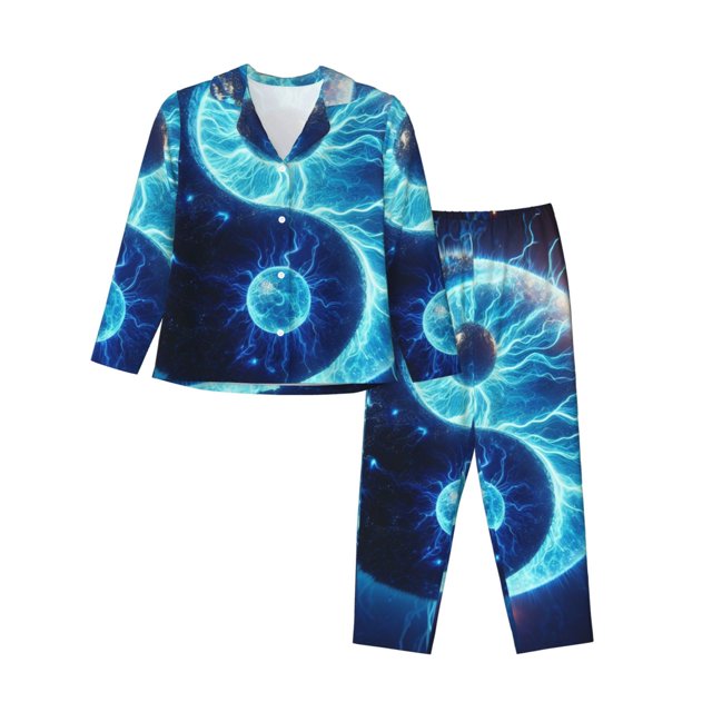 Xecao Blue Yin And Yang for Women's Long-Sleeved Pajama Set with Button Front and Pockets Soft Lounge Sleepwear for Home Relaxation-XX-Large