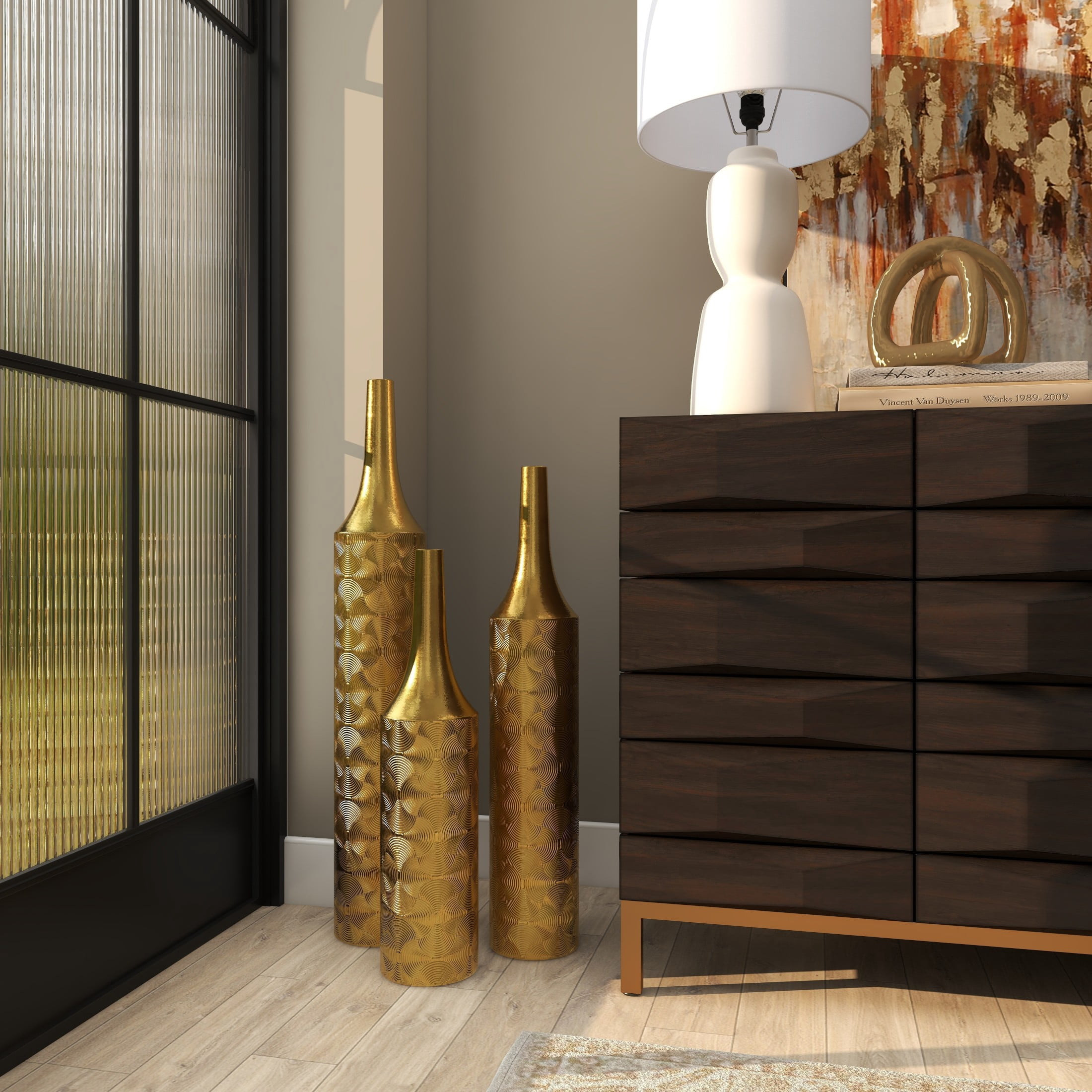 DecMode 36", 30", 25"H Geometric Tall Distressed Metallic Gold Metal Vase with Engraved Swirl Patterns, Set of 3