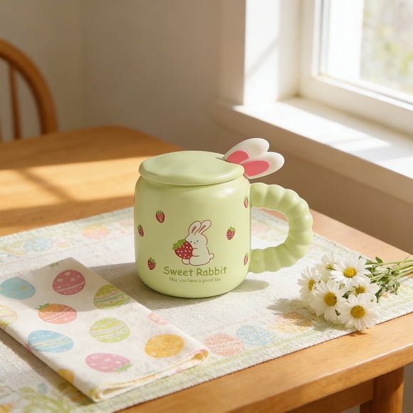 Sweet Bunny Easter Mug With Lid Spoon Gift Box Cute Ceramic Coffee Tea Cup For Easter Gifts Home Office Decoration