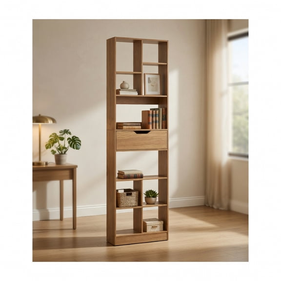 Resenkos 71 Inch Tall Freestanding Bookcase with Drawer, 10-Cube Large Storage Organizer for Home, Office, Natural