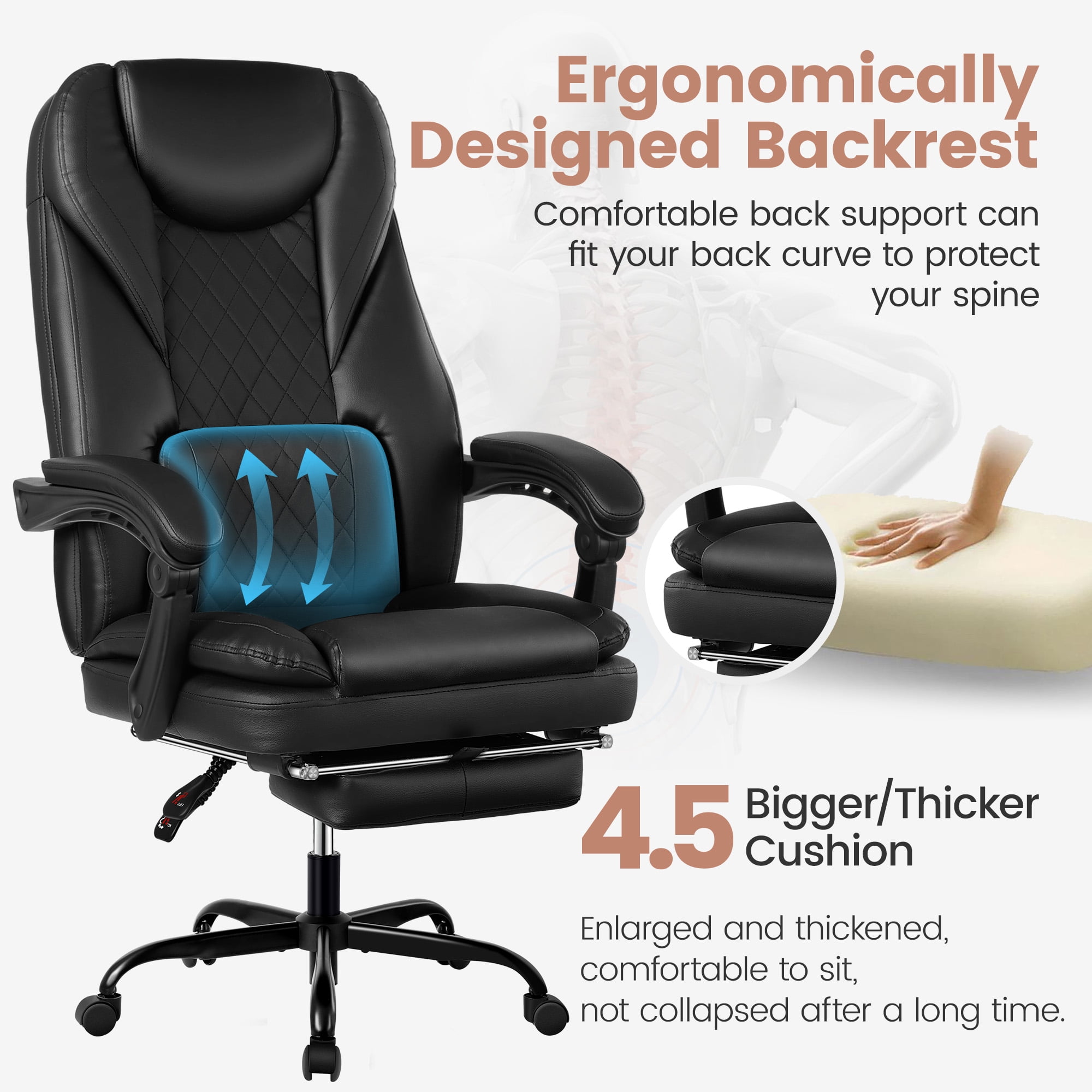 COOLHUT Executive Office Chair, Big and Tall Office Chair with Footrest Reclining Faux Leather Chair High Back Lumbar Support Ergonomic Office Chair with Padded Armrests, Black