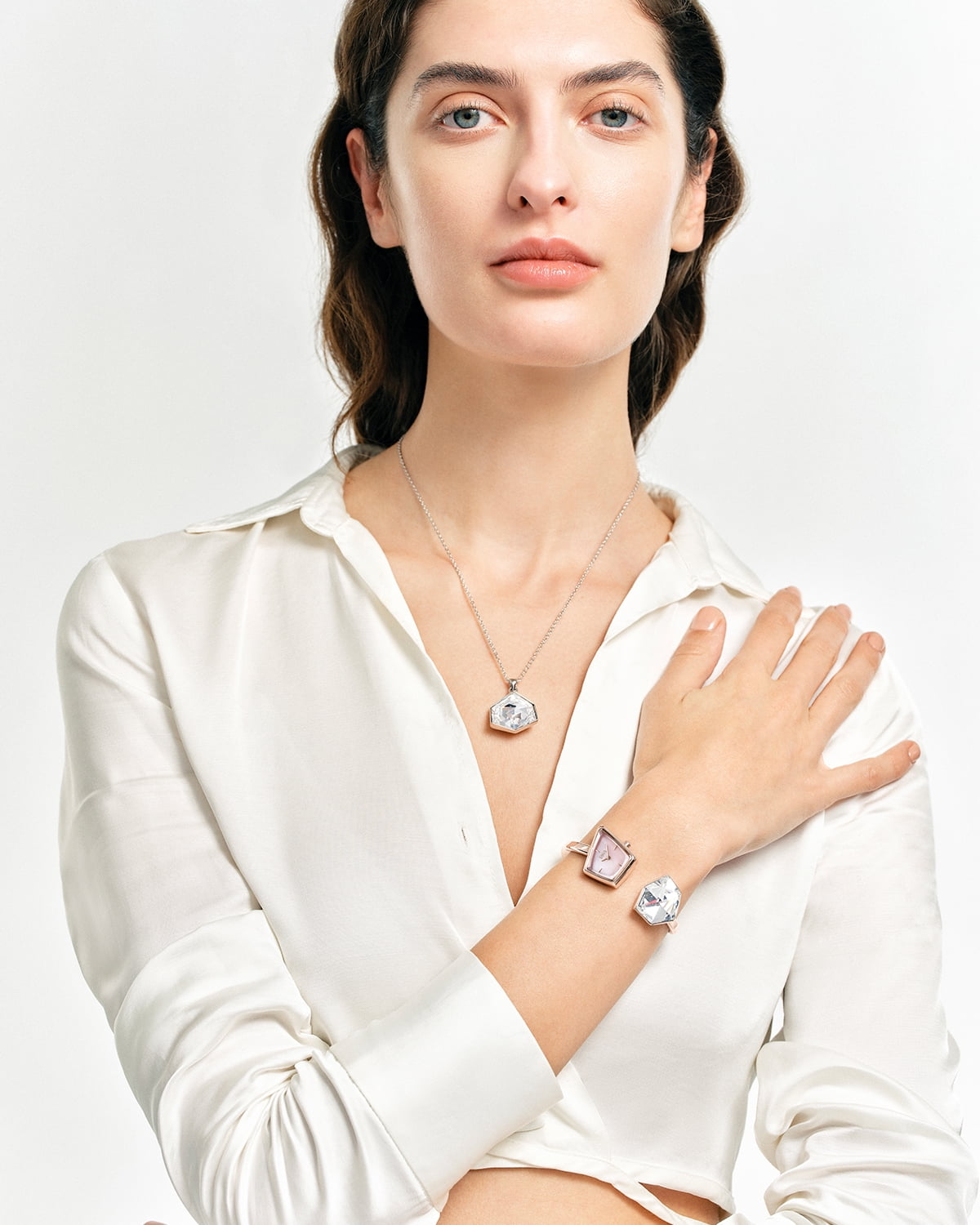 Watches for Women SAGA Illusion Ladies Crystal Bracelet Watch, Quartz, Pink Blue Dial, Crystal Bezel, Silver Tone, Gift for Women