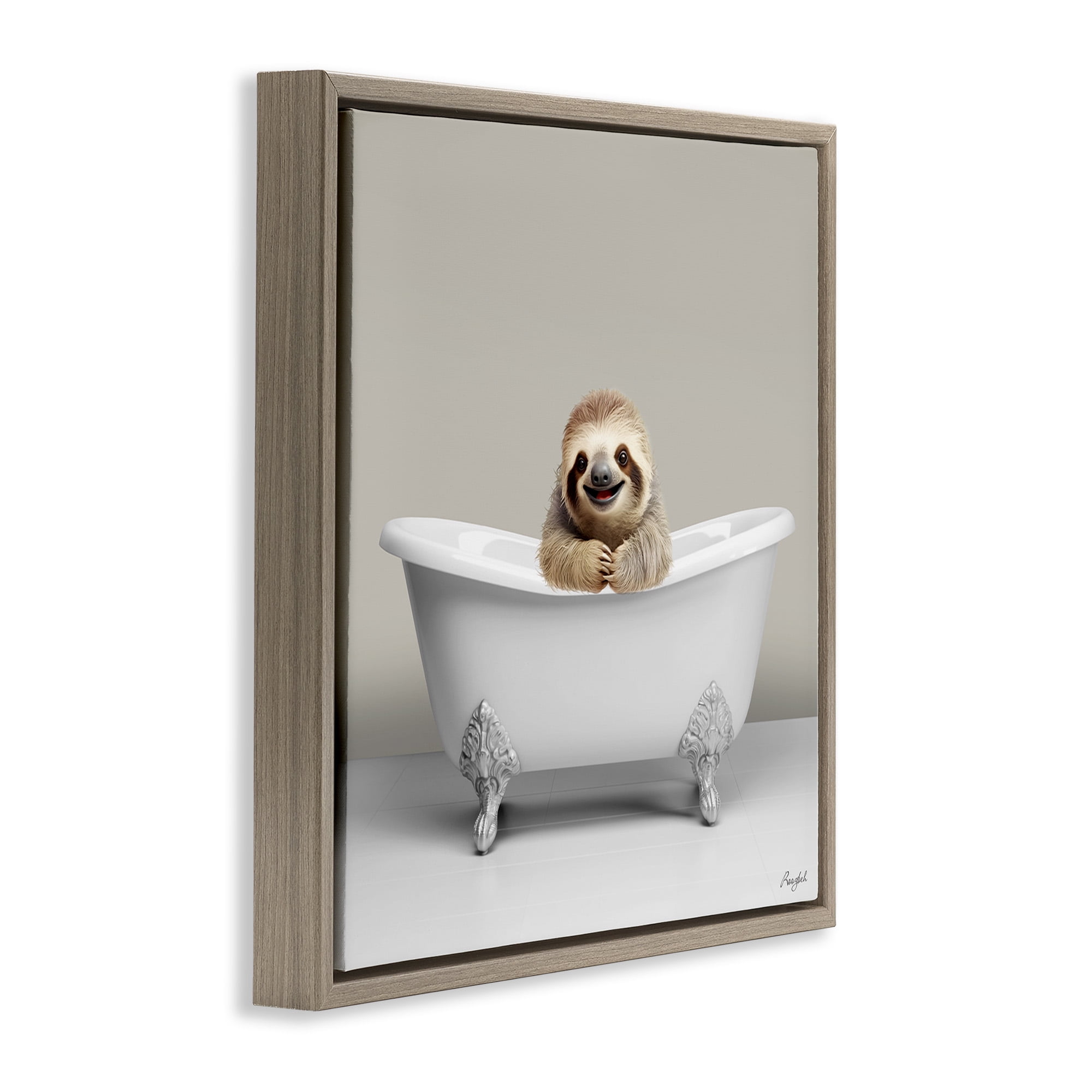 Stupell Industries Happy Sloth in Bathtub Animals & Insects Painting Brown Floater Framed Canvas Art Print Wall Art, 18 x 18