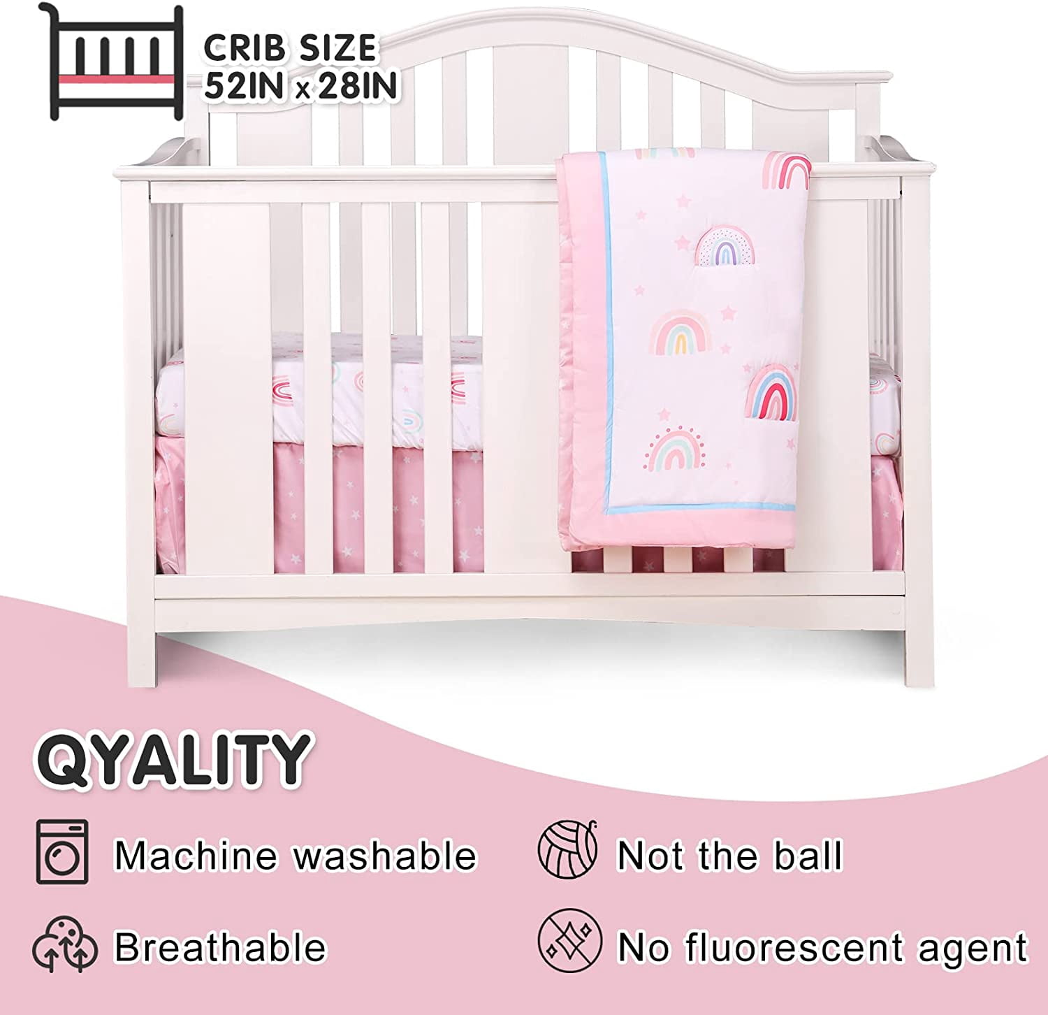 Sweet Baba Pink Rainbow Crib Bedding Set for Baby Girls, 5 PC Nursery Set Including Quilt/Skirt/Crib Sheet/Diaper Stacker/Blanket