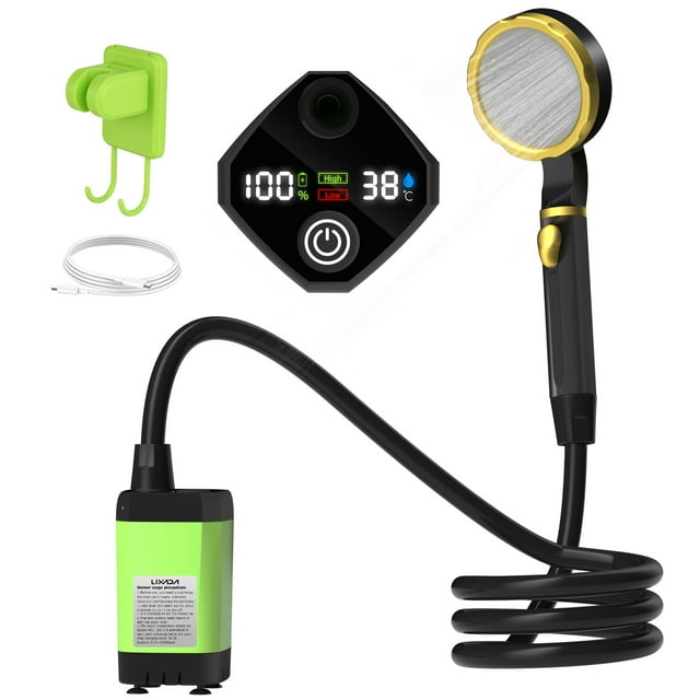 Lixada Portable Outdoor Shower System with Rechargeable Battery and Temperature Monitor - 7800mAh Green (Includes Black Showerhead, Hook, and Matching Color Components) - Ideal for Camping and RVs