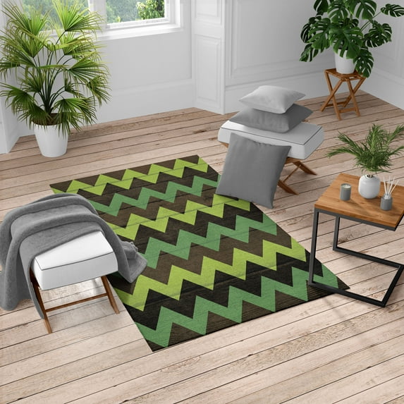 Chevron Turkish Area Rug, Zig Zag Lines Pattern on Wooden Looking Background Rustic Home Print, Soft Carpet for Living Room Decor with Distressed Look, 6.6' X 9.6', Apple Green, by Ambesonne
