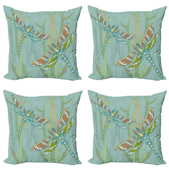 Ambesonne Dragonfly Throw Pillow Cover 4 Pack, Insects Nature Exotic, 16", Almond Green