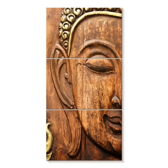 Elephant Stock Wood Carved Buddha Wall Art - Vertical Multi Panel Canvas - Living Room Wall Decor - Religion And Spirituality Multi Panel - Brown And Beige Decor - 39" x 80"
