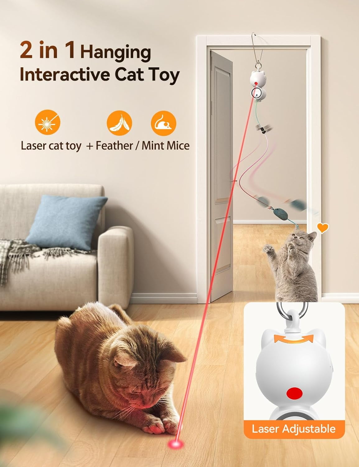 Laser Toys for Indoor s, Interactive Toy LED Light Hanging, s Wand Toy Feather, Feather & Mouse for Bored Adult Kitten Exercise, White