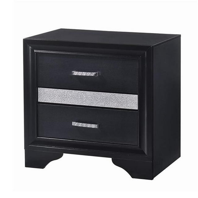 Benjara BM206512 Nightstand with 2 Drawers & Rhinestone Pull Handles, Black & Silver