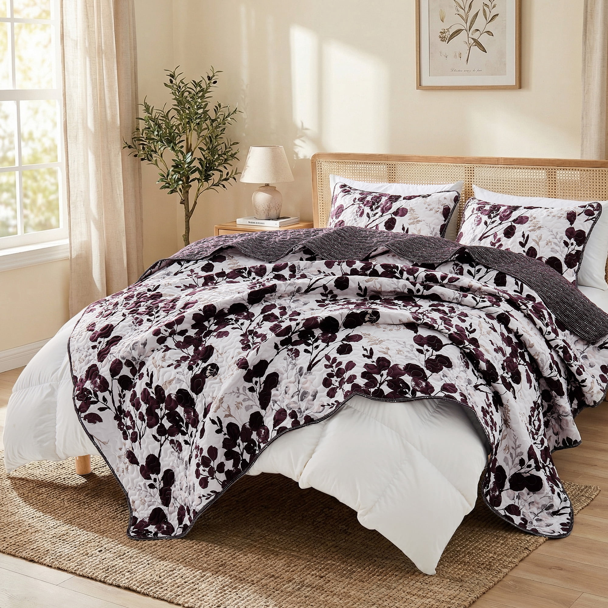 Regency Heights Full/Queen Botanical Quilt Set, 3-Piece Reversible Floral Summer Quilt Coverlet Bedding Set, Plum Quilted Bedspread with Shams for All Season