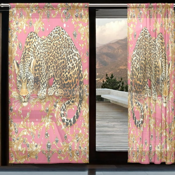 YAZAOO Curtains 110/118 Inch Long French Curtains The Golden Leopards Print For Farmhouse Bedroom Curtains Window Curtain Set 2