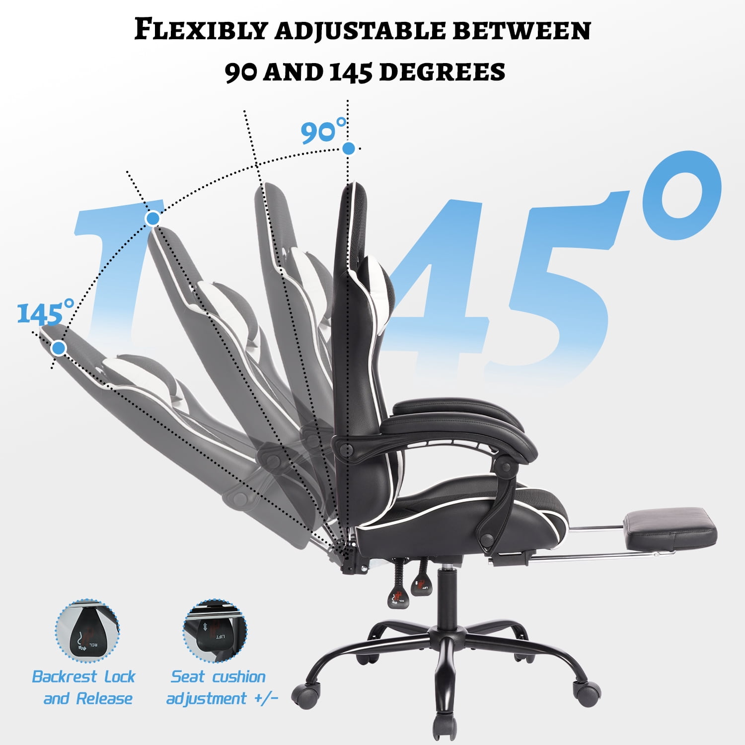 Mintazer Gaming Chairs with Footrest, Massage Leather Game Computer Chair with Headrest and Lumbar Support, E-Sports Chair for Adults Home Office, Black & White