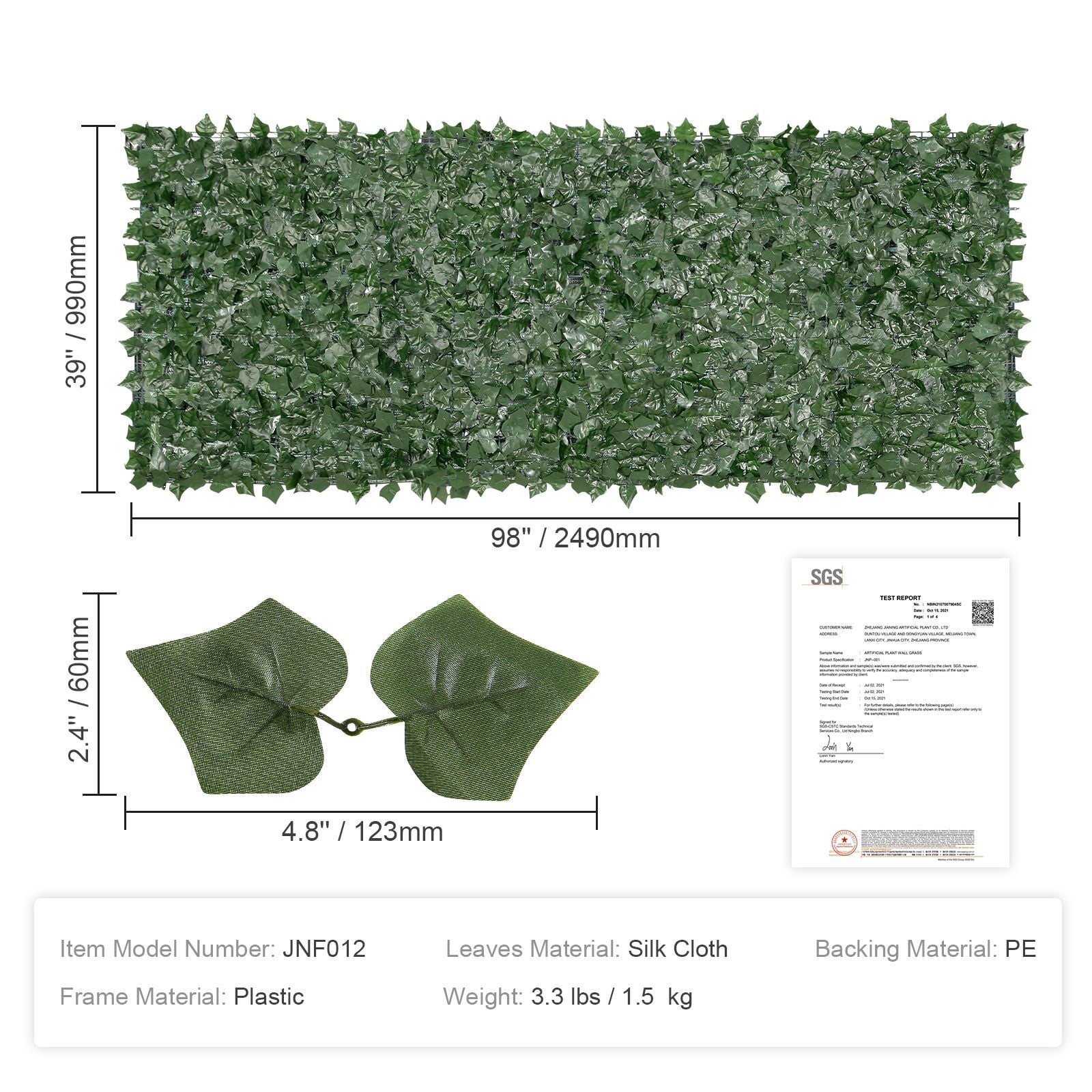 Artificial Ivy Privacy Fence 39x98 Inch UV-Resistant Silk Leaves PE Mesh Backing 100% Blockage for Garden Balcony