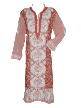 Mogul Woman's Long Kurti Peach Georgette Designer Ethnic Embroidered Tunic Dress XXXL
