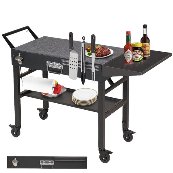 Grill Cart for Blackstone Griddle, Portable Outdoor Grill Table, Foldable Cart Table with Wheels for Ninja, Griddle Stand Fit 17 Inch Or 22 Inch, BBQ Prep Tables with Seasoning Tray