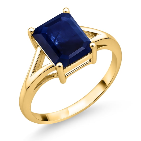 Gem Stone King 18K Yellow Gold Plated Silver Blue Sapphire Solitaire Engagement Ring for Women | 2.45 Cttw | Emerald Cut 9X7MM | Gemstone Birthstone | Wedding Engagement Anniversary Ring | Size 5